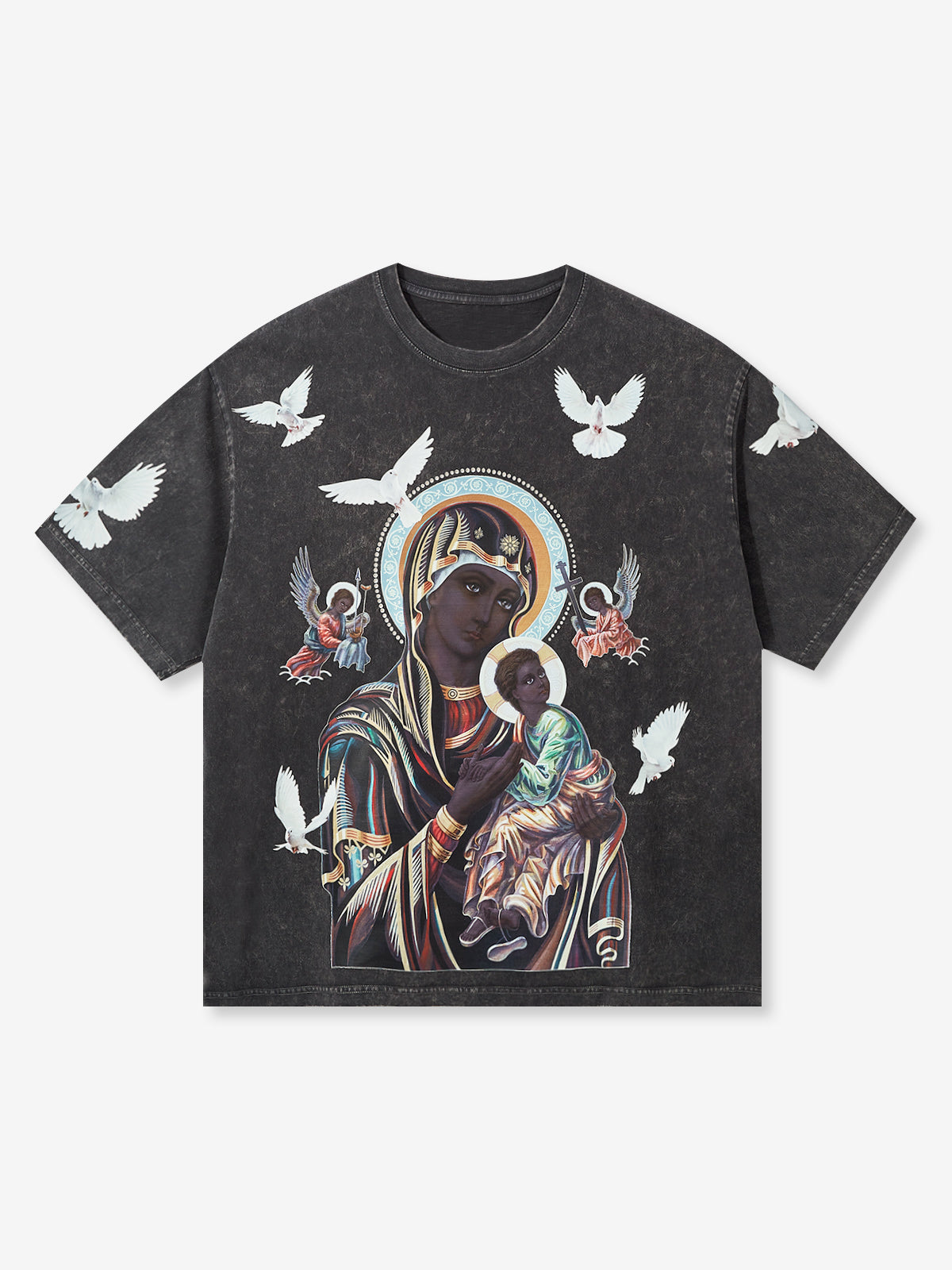 OBSTACLES &amp; DANGERS© Schwarzes vierfarbiges T-Shirt mit Madonna und Kind 