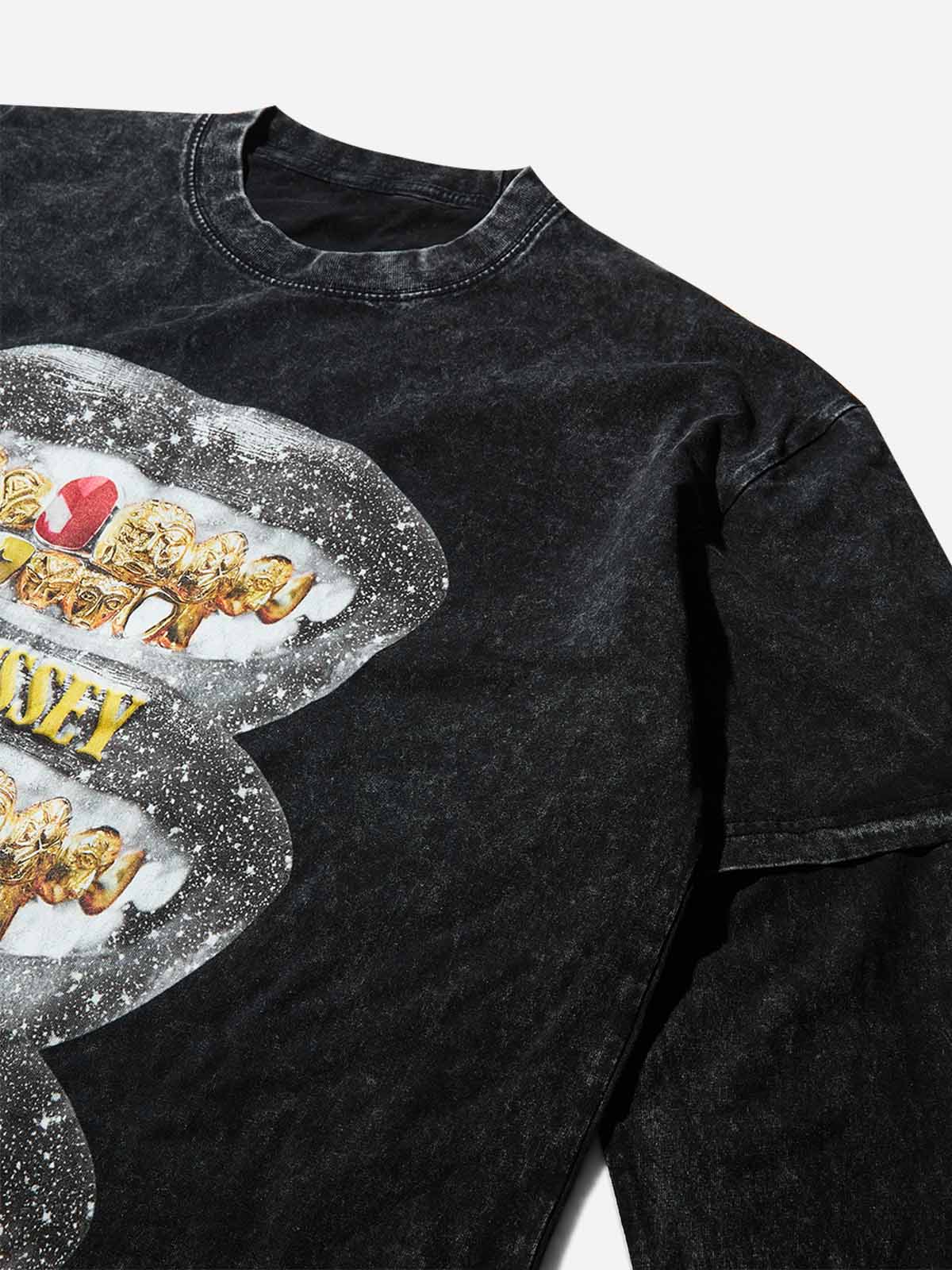 Starry Sky Vintage Grillz Washed Fake Two-Piece Print Long-Sleeve T-shirt