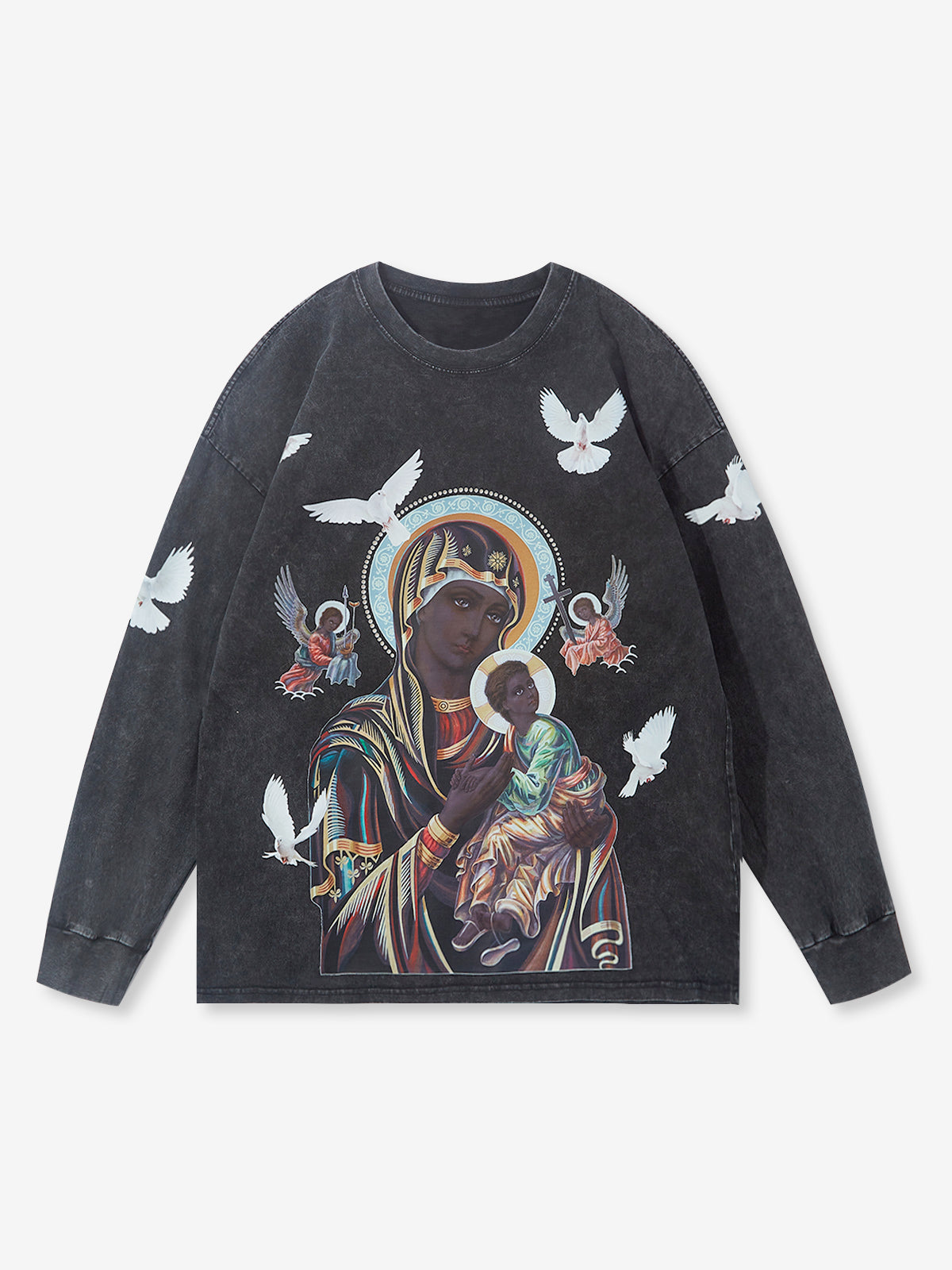 UNKNOWN ALLURE© Schwarzes langärmliges Khaki-Hemd mit Madonna und Kind