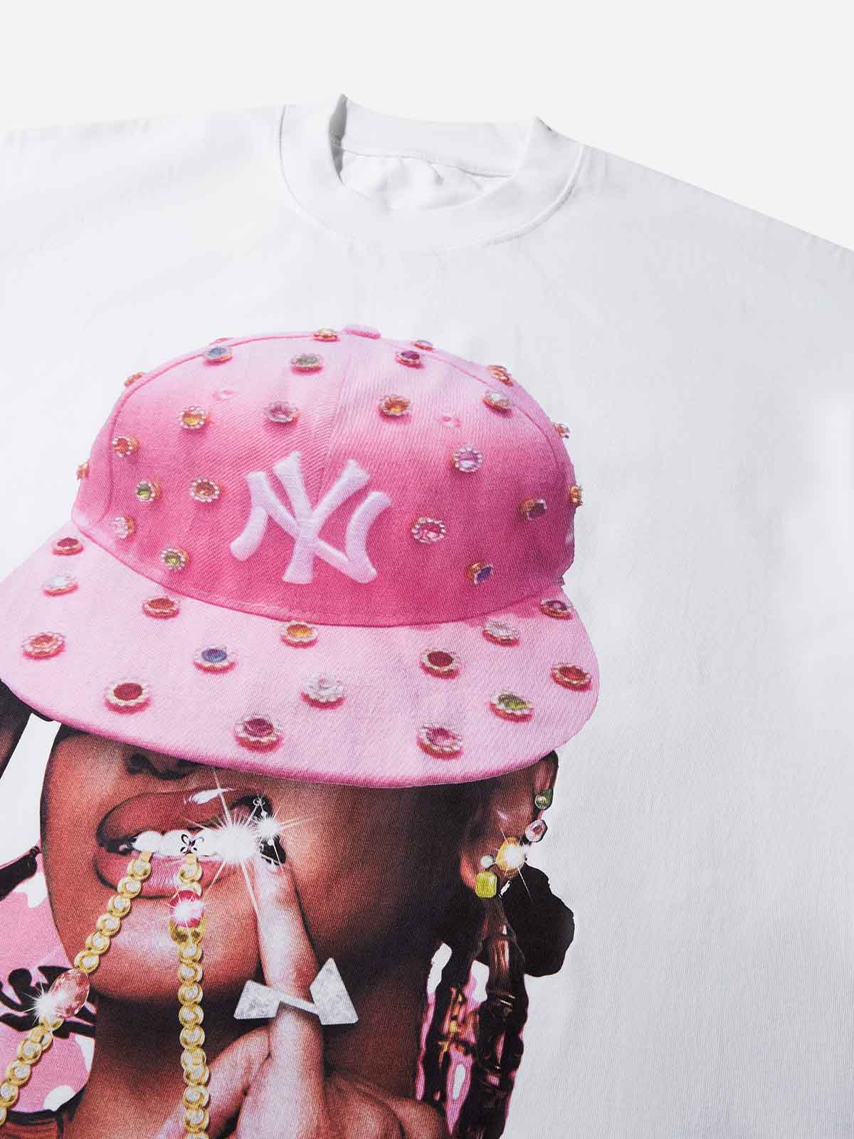 Pink Diamond-Hat Girl Character Print T-shirt