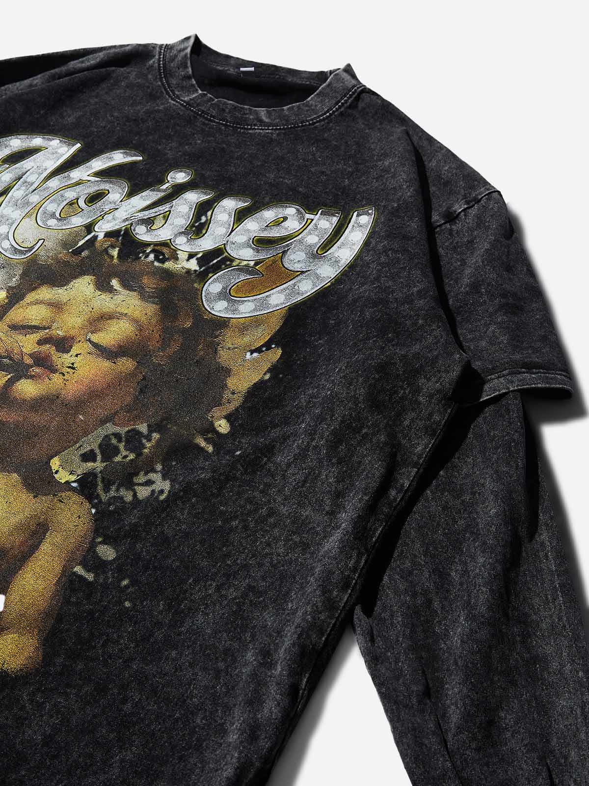 Vintage Little Angel Black Washed Fake Two-Piece Printed Long-Sleeve Shirt