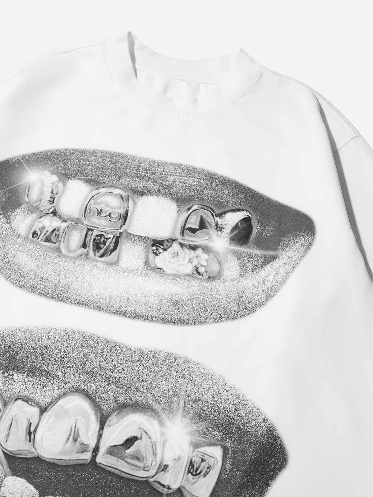 Retro Black Lips Grills Print Air-Layer Double-Faced Long Sleeve
