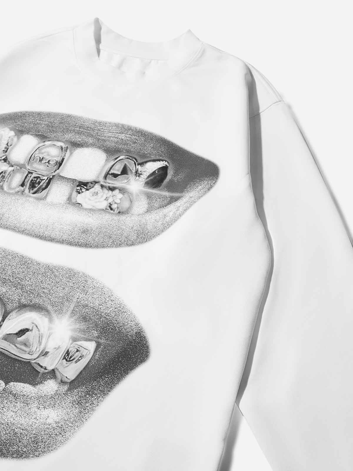 Retro Black Lips Grills Print Air-Layer Double-Faced Long Sleeve