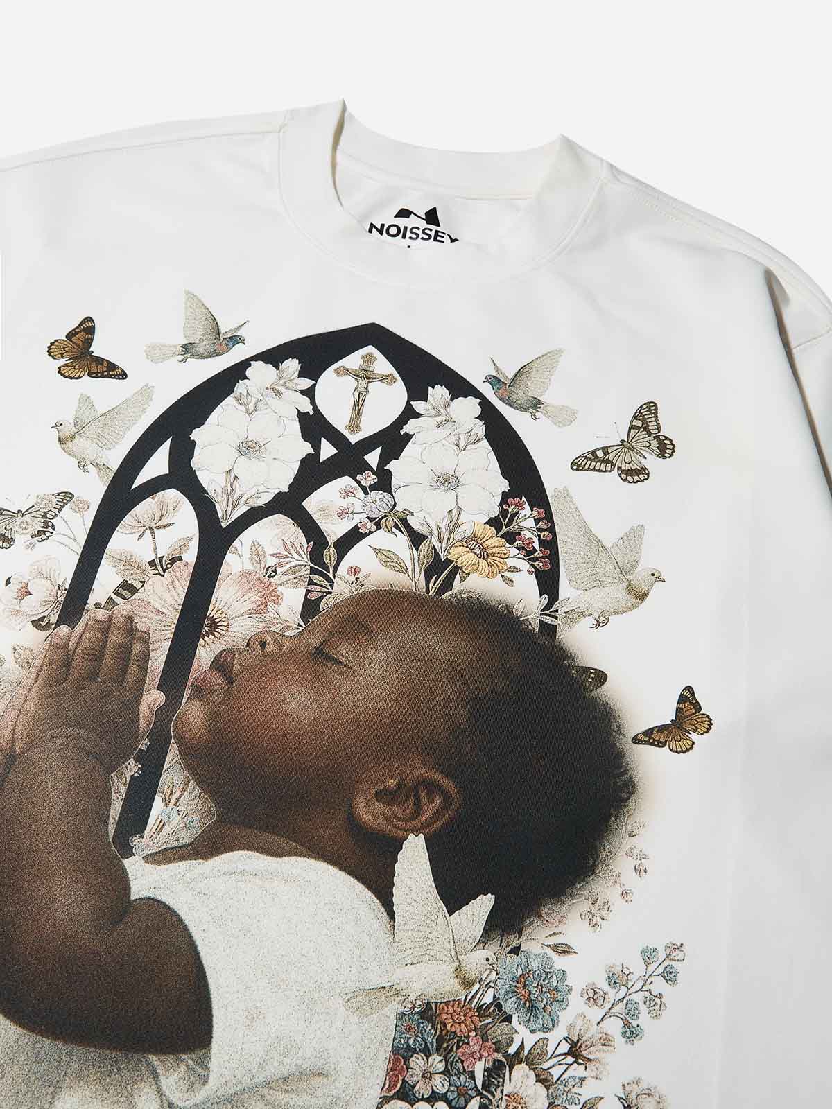 Child Praying Before Ornate Window Print White Air-Cotton Long-Sleeve Shirt