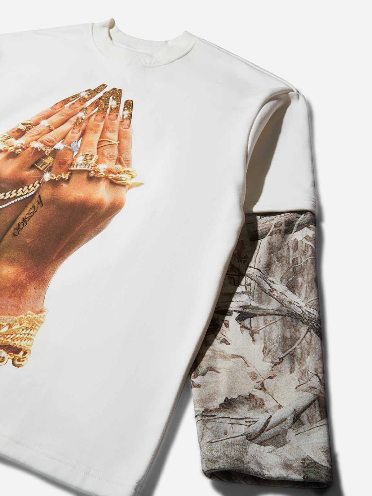Golden Art Nail Patchwork Tree-Grain Print Long Sleeve