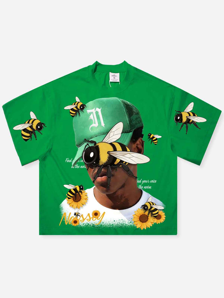 NOISSEY Surrealist Bee Green Tee | Boxy Portrait Graphic Shirt