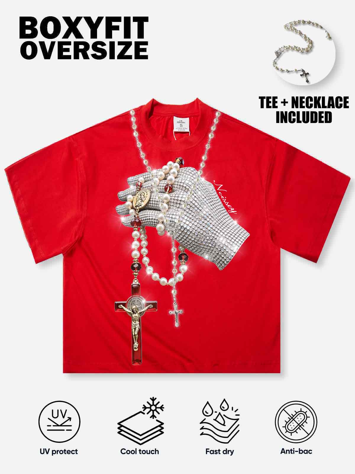 NOISSEY "Devotion Globe" Iced-Out Rhinestone Glove Sacred Pearl Rosary Heavyweight Boxy Tee