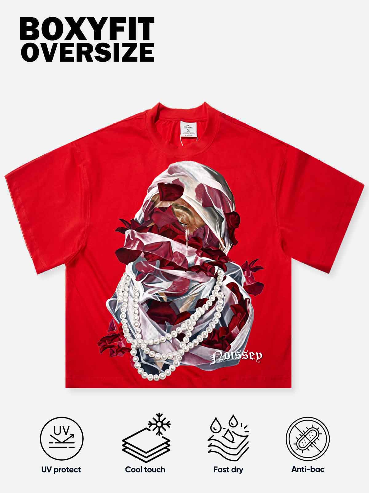 NOISSEY Veiled Rose & Pearl Portrait Red Boxy T-Shirt - Vibrant Red