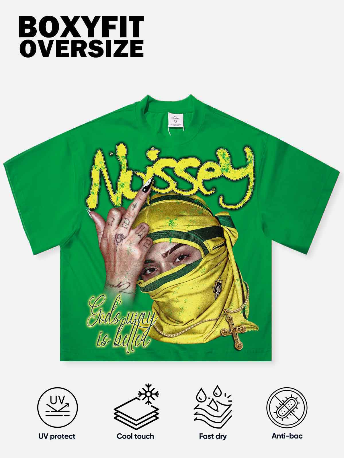 NOISSEY "God's Way" Masked Graphic Tee - Vibrant Street Green