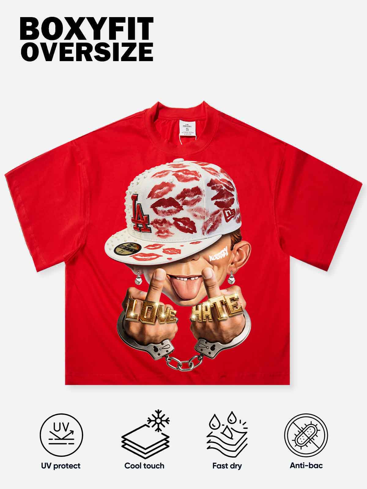 NOISSEY "LOVE HATE" Red Tee - Boxy Cartoon Print T-Shirt