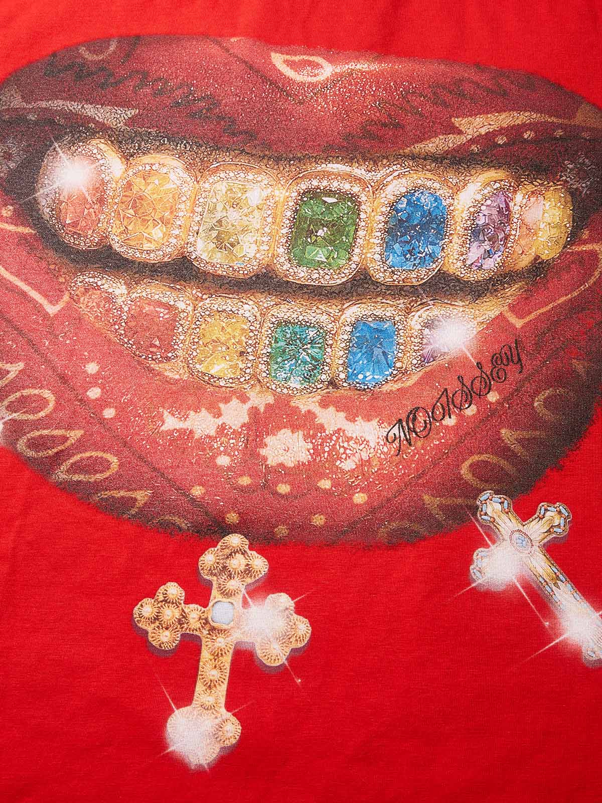 Colorful Diamond Paisley Lips Grills Boxy Oversized Red T-shirt