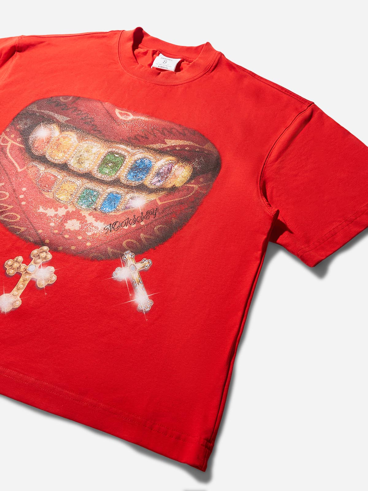 Colorful Diamond Paisley Lips Grills Boxy Oversized Red T-shirt