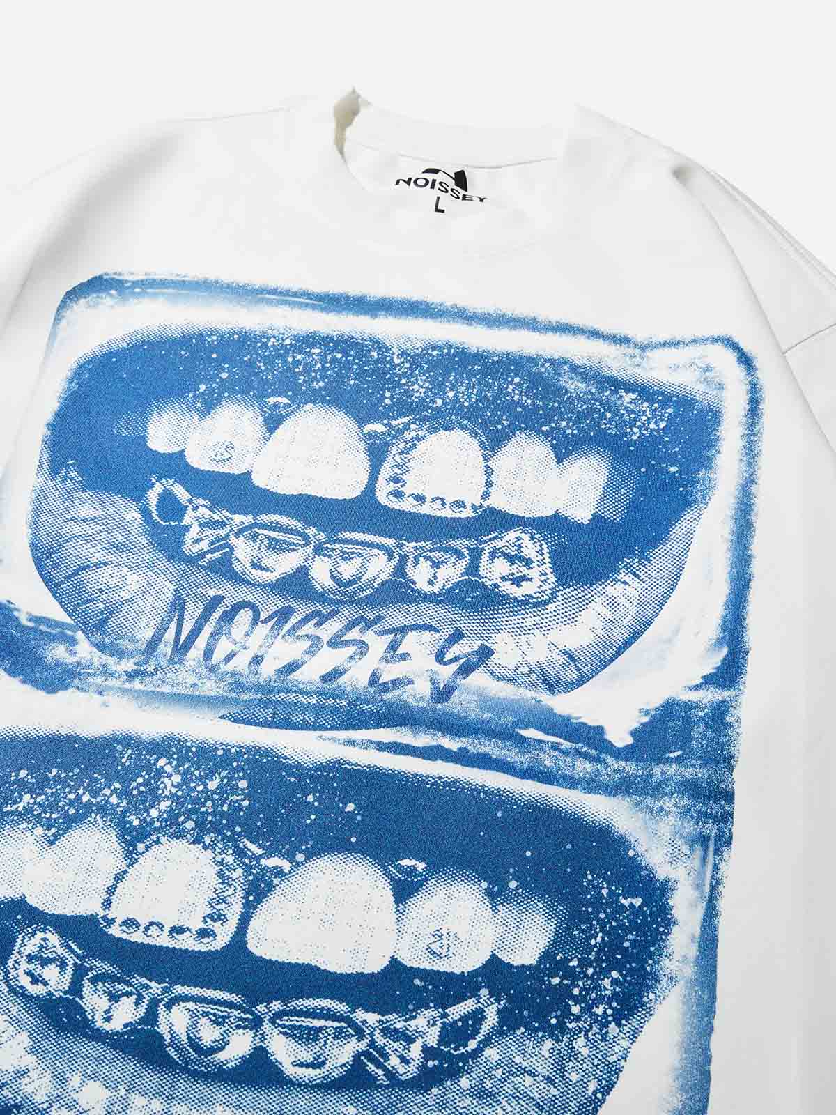Blue Screen-Print Grills Pattern Air-Layer Long Sleeve