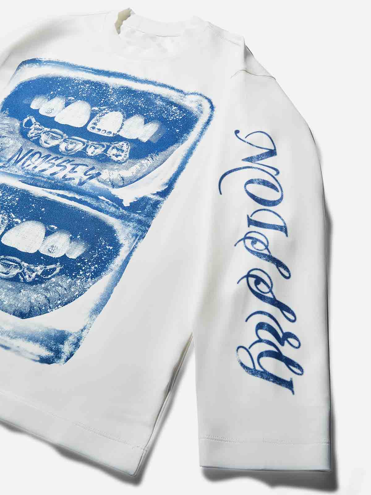 Blue Screen-Print Grills Pattern Air-Layer Long Sleeve
