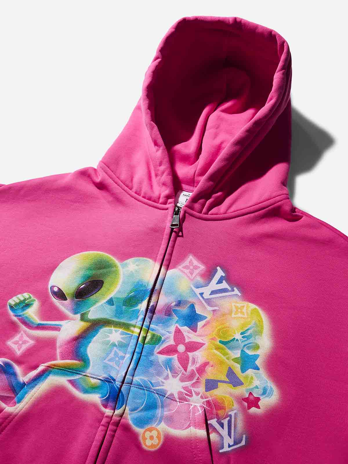 Running Rainbow-Colored Alien Pink Print Hoodie