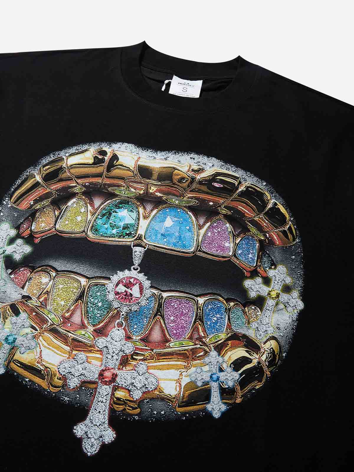 Boxy Oversized T-Shirt with Metal Colored Gem Grills Diamond Cross Print