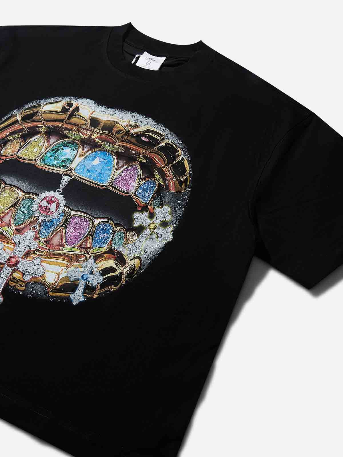 Boxy Oversized T-Shirt with Metal Colored Gem Grills Diamond Cross Print