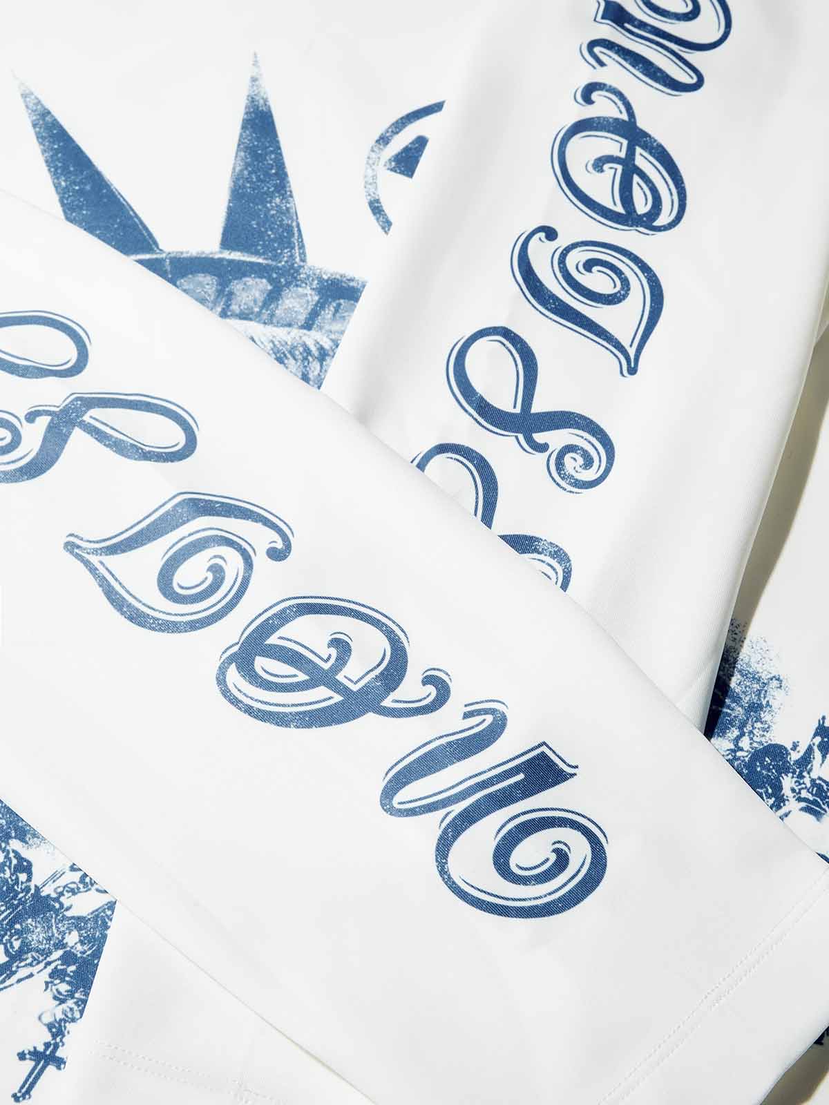 Cyanotype-style Top Featuring a Reclining Statue of Liberty Printed Air-layer Long-sleeve