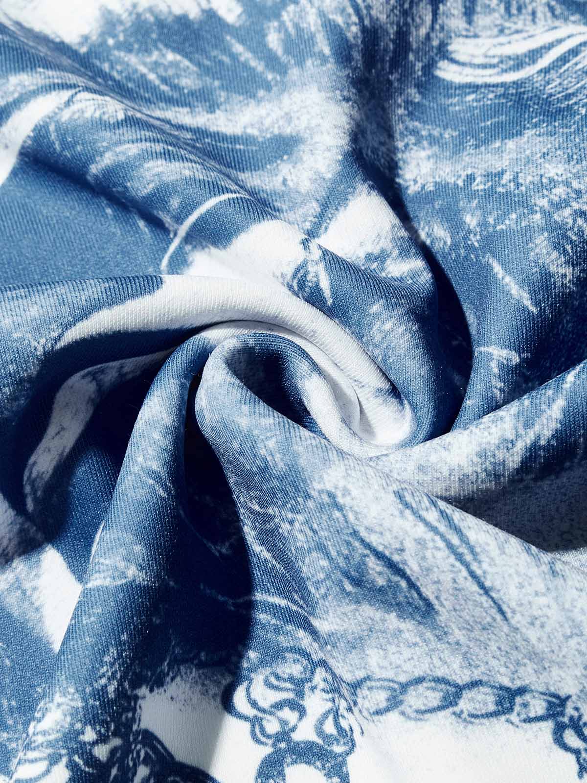 Cyanotype-style Top Featuring a Reclining Statue of Liberty Printed Air-layer Long-sleeve