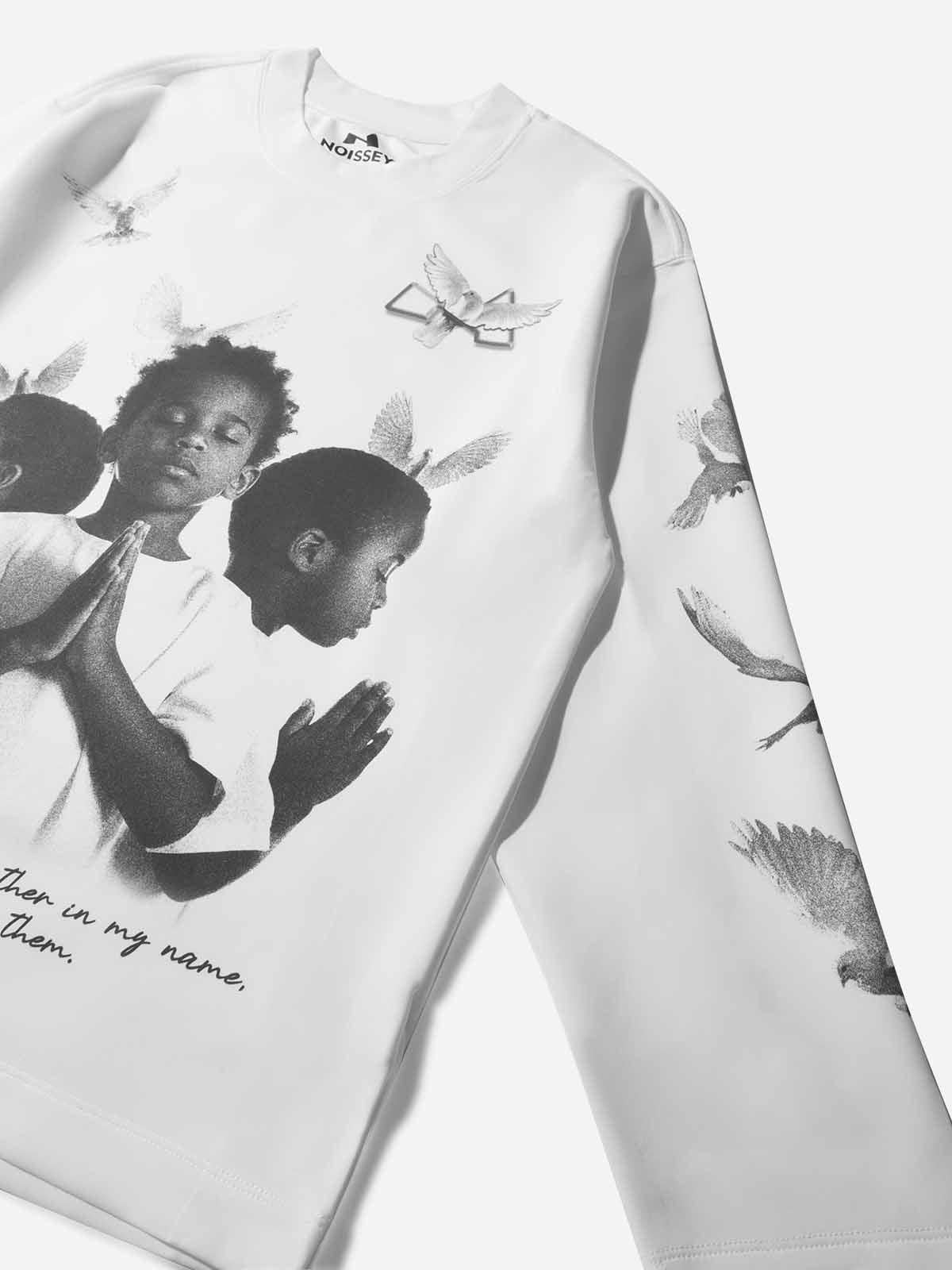 Praying boy and peace dove print air layer long sleeves