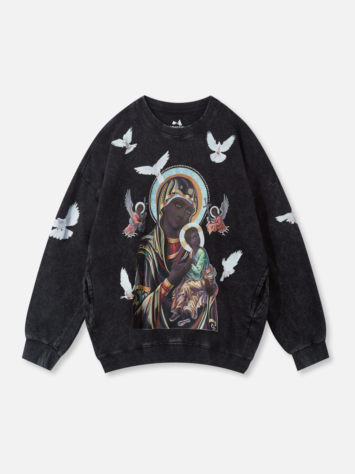 UNKNOWN ALLURE© Schwarzes 350G-Sweatshirt mit Madonna und Kind in Rosa mit Rundhalsausschnitt