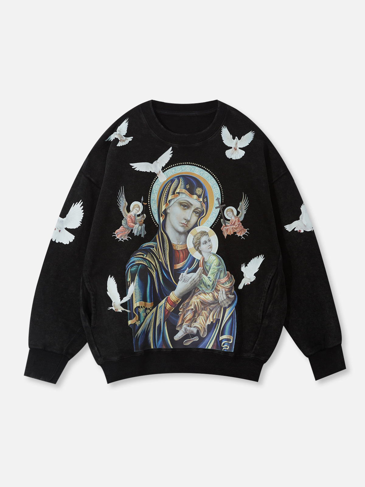 UNKNOWN ALLURE© Schwarzes 350G-Sweatshirt mit Madonna und Kind in Rosa mit Rundhalsausschnitt