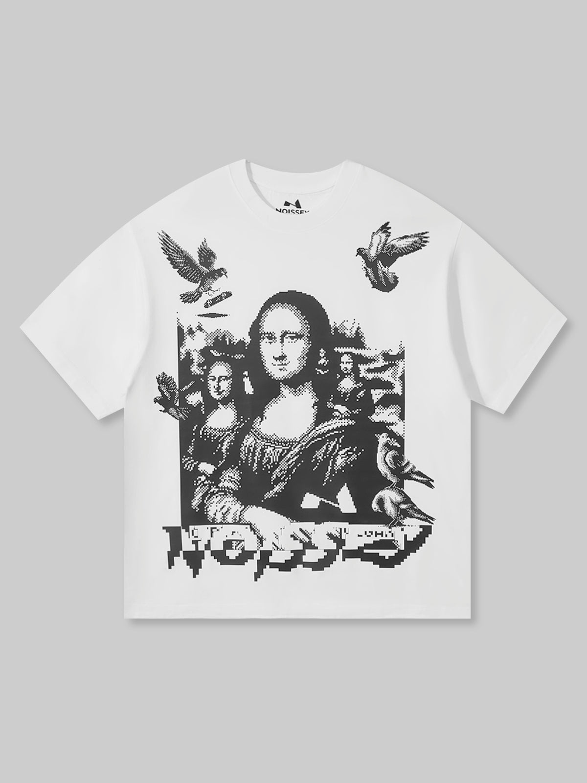 BOUNCE BACK© Das Pixel-T-Shirt „Mona Lisa und Friedenstaube“.