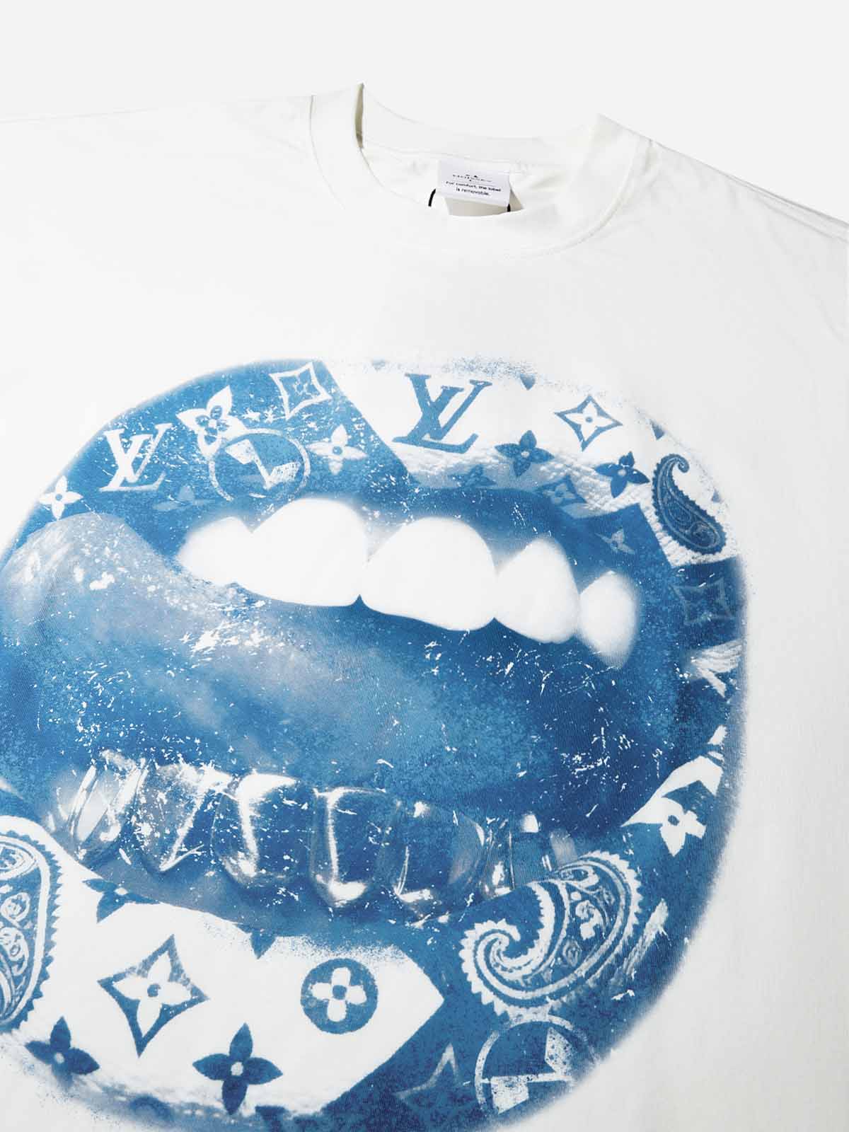 Blue Cyanotype Art Lip Print Boxy Oversized T-shirt