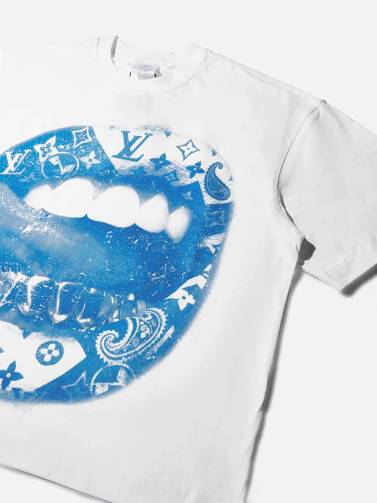 Blue Cyanotype Art Lip Print Boxy Oversized T-shirt