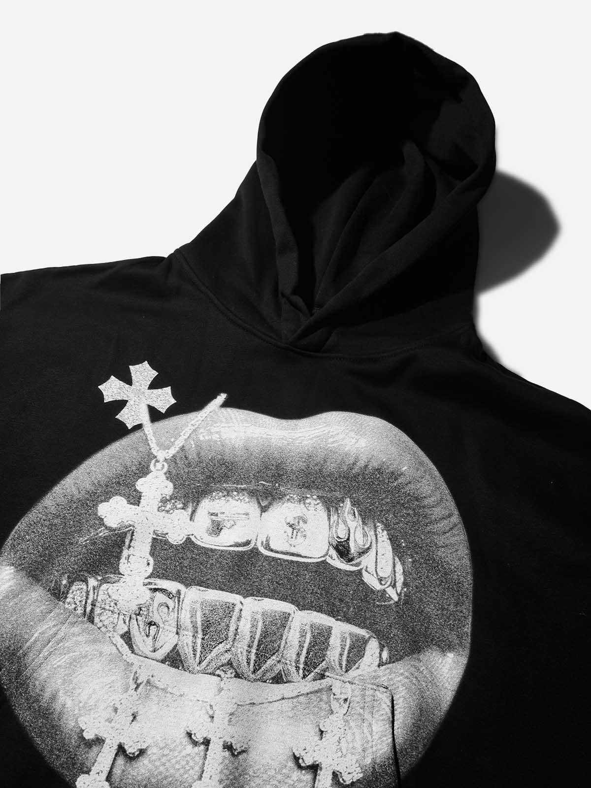 Cross Vintage Grills Black Sleeve Hot-Drill Print Hoodie