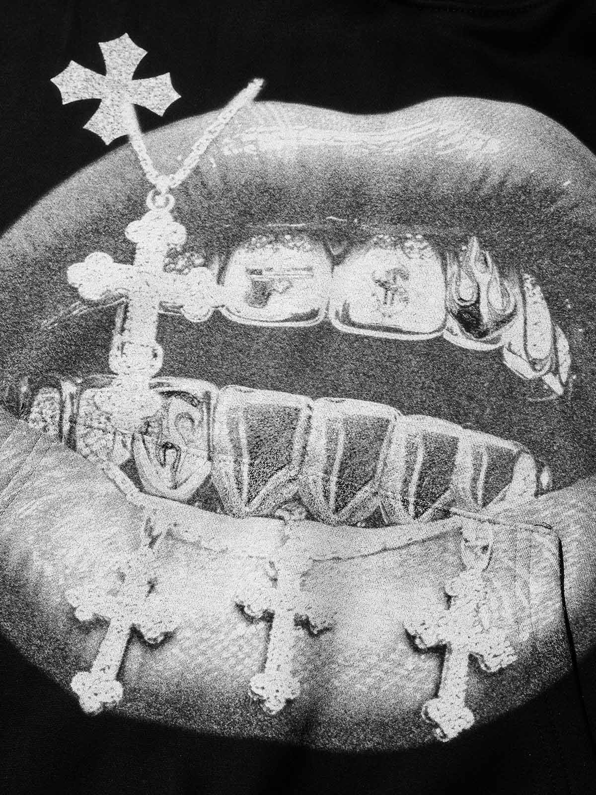 Cross Vintage Grills Black Sleeve Hot-Drill Print Hoodie