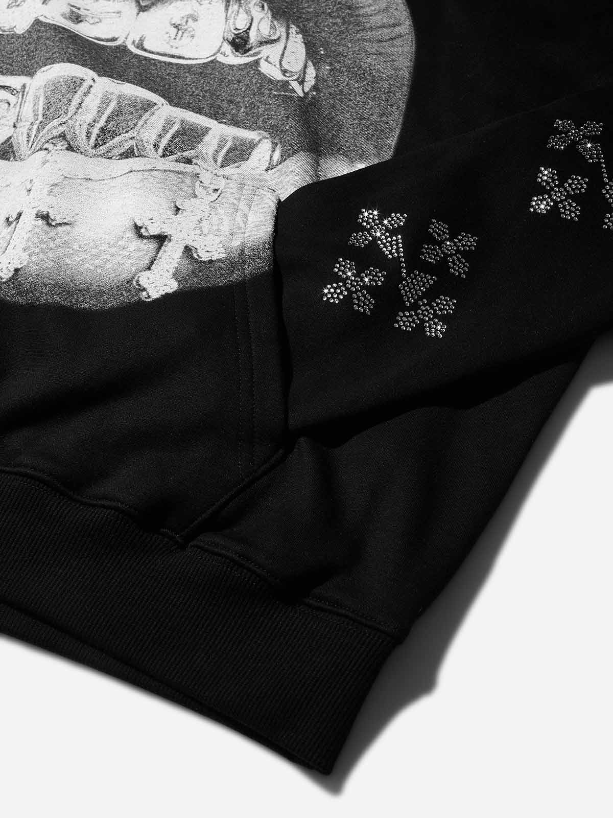 Cross Vintage Grills Black Sleeve Hot-Drill Print Hoodie