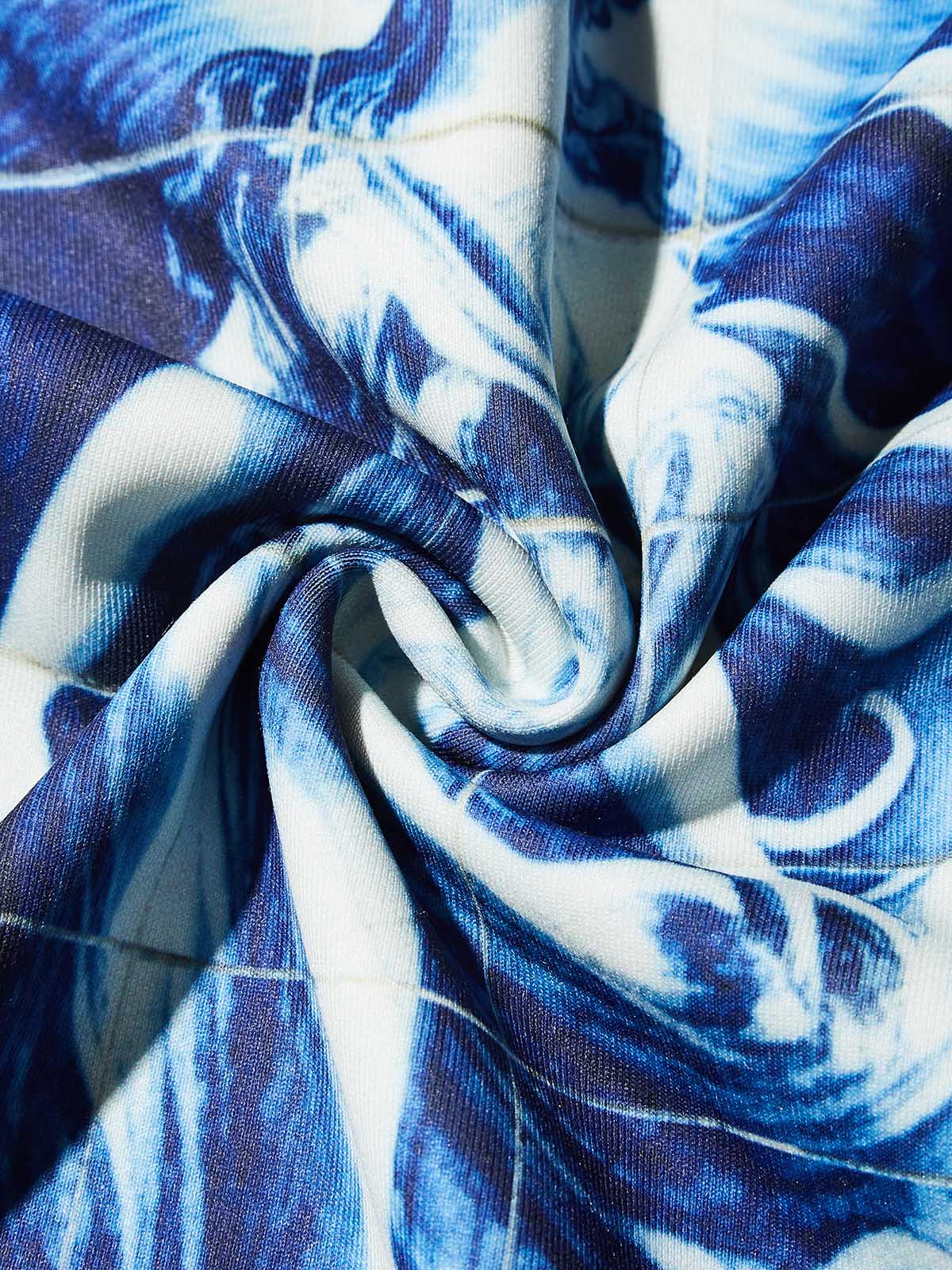 Maiolica Blue Vintage Style Print Air-Layered Long-Sleeve