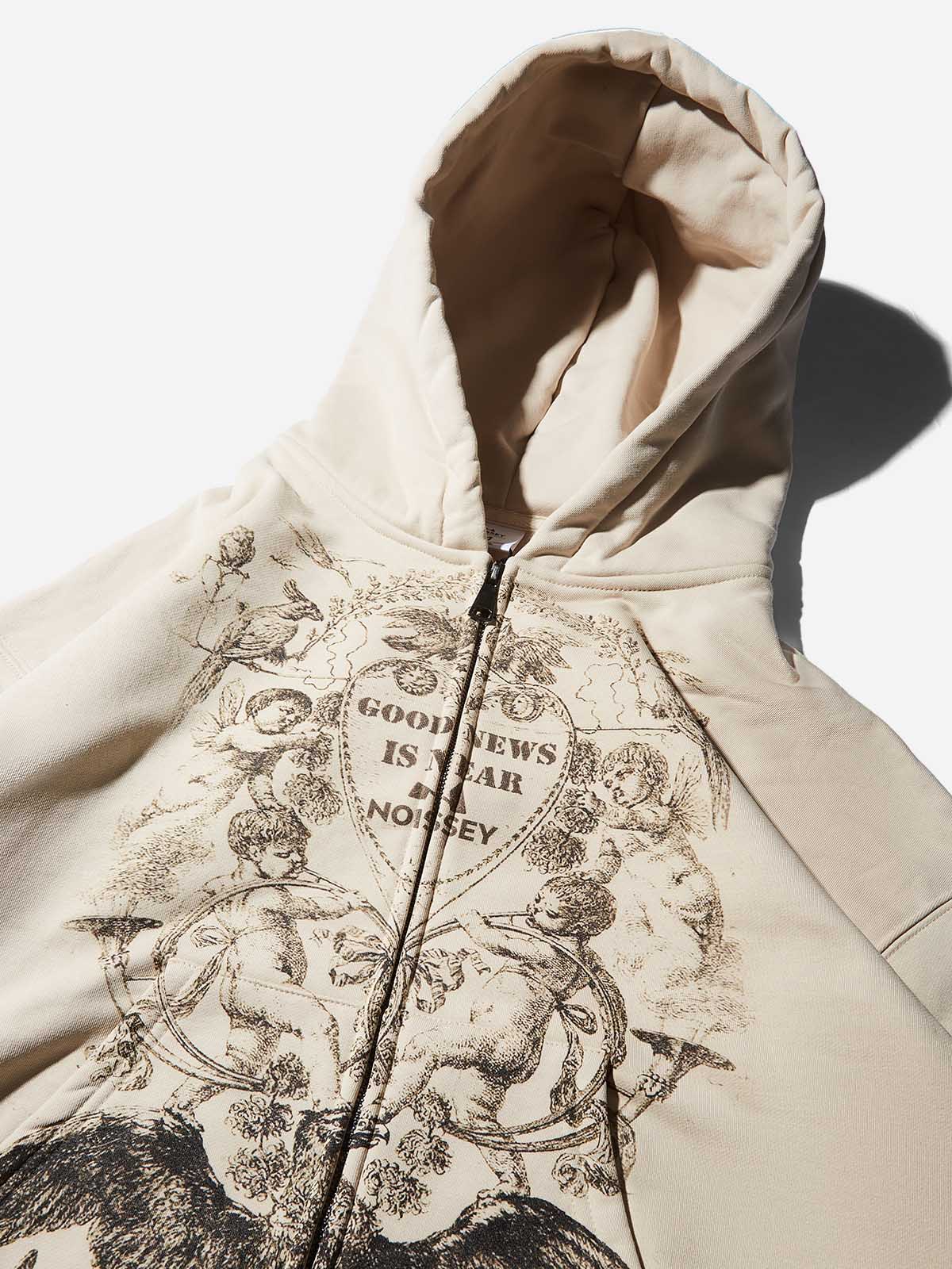 Monochrome Retro Mural Art Print Shell-colored Hoodie