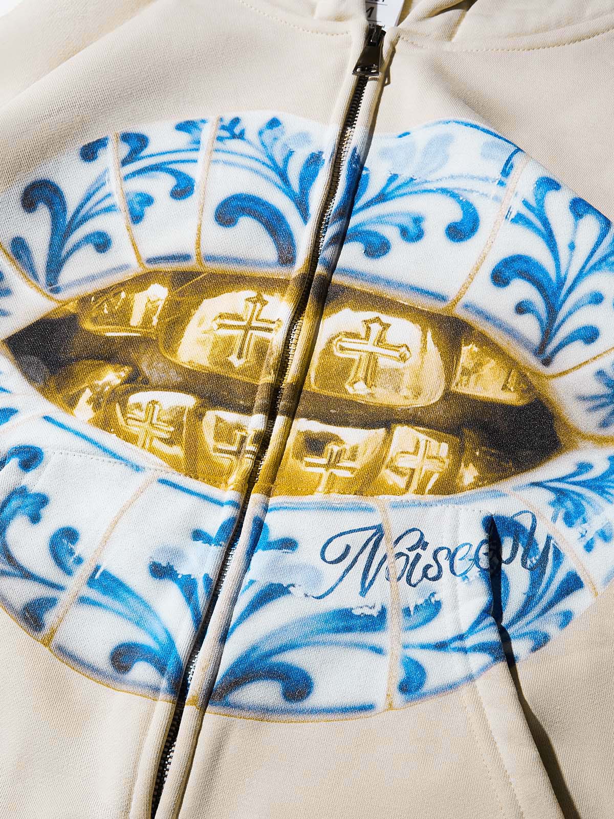 Blue Ceramic Gold Grillz Shell Print Hoodie