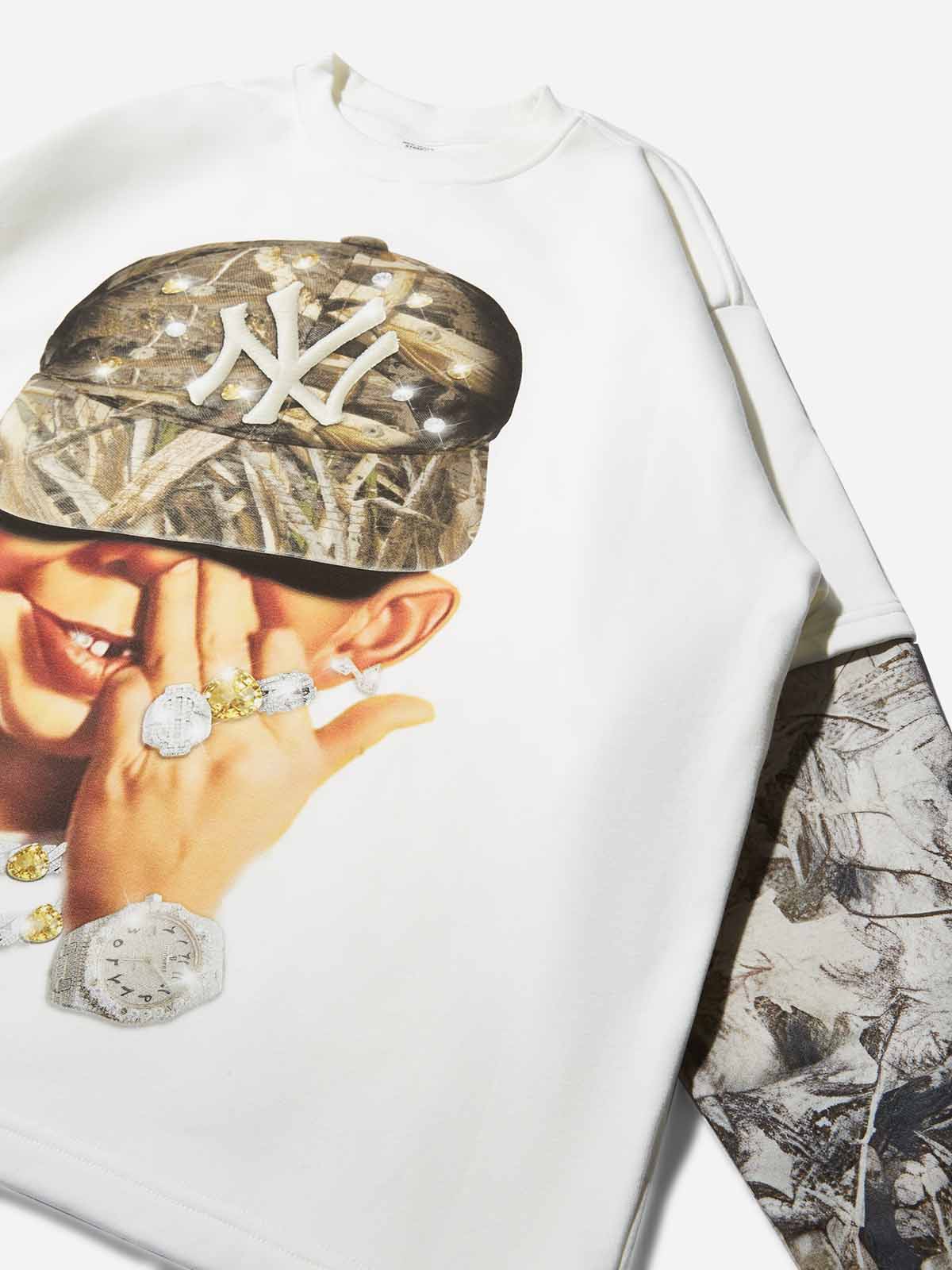 Bad boy wearing a tree-pattern diamond hat print long sleeve