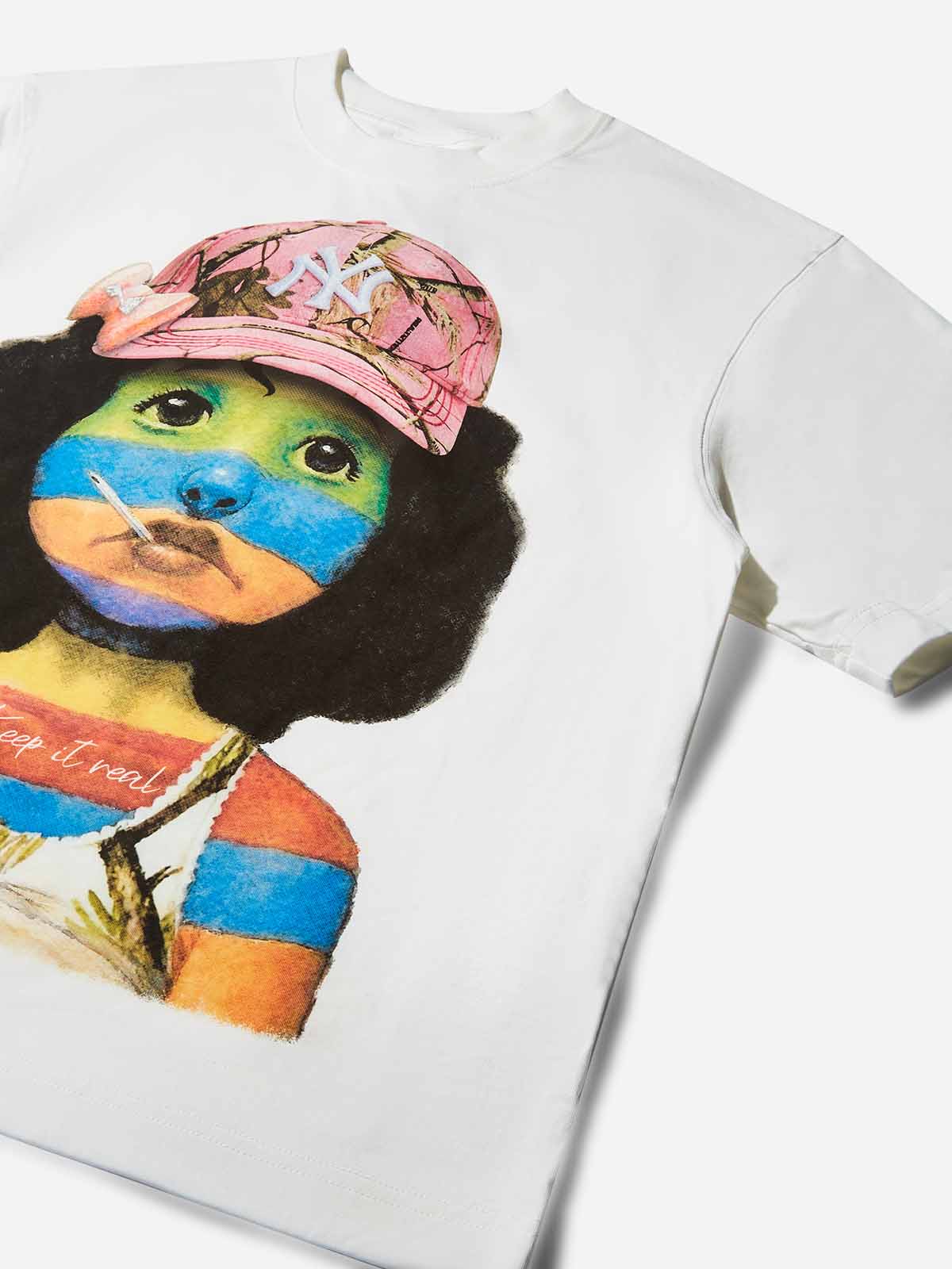 Art print T-shirt of a striped girl wearing a hat