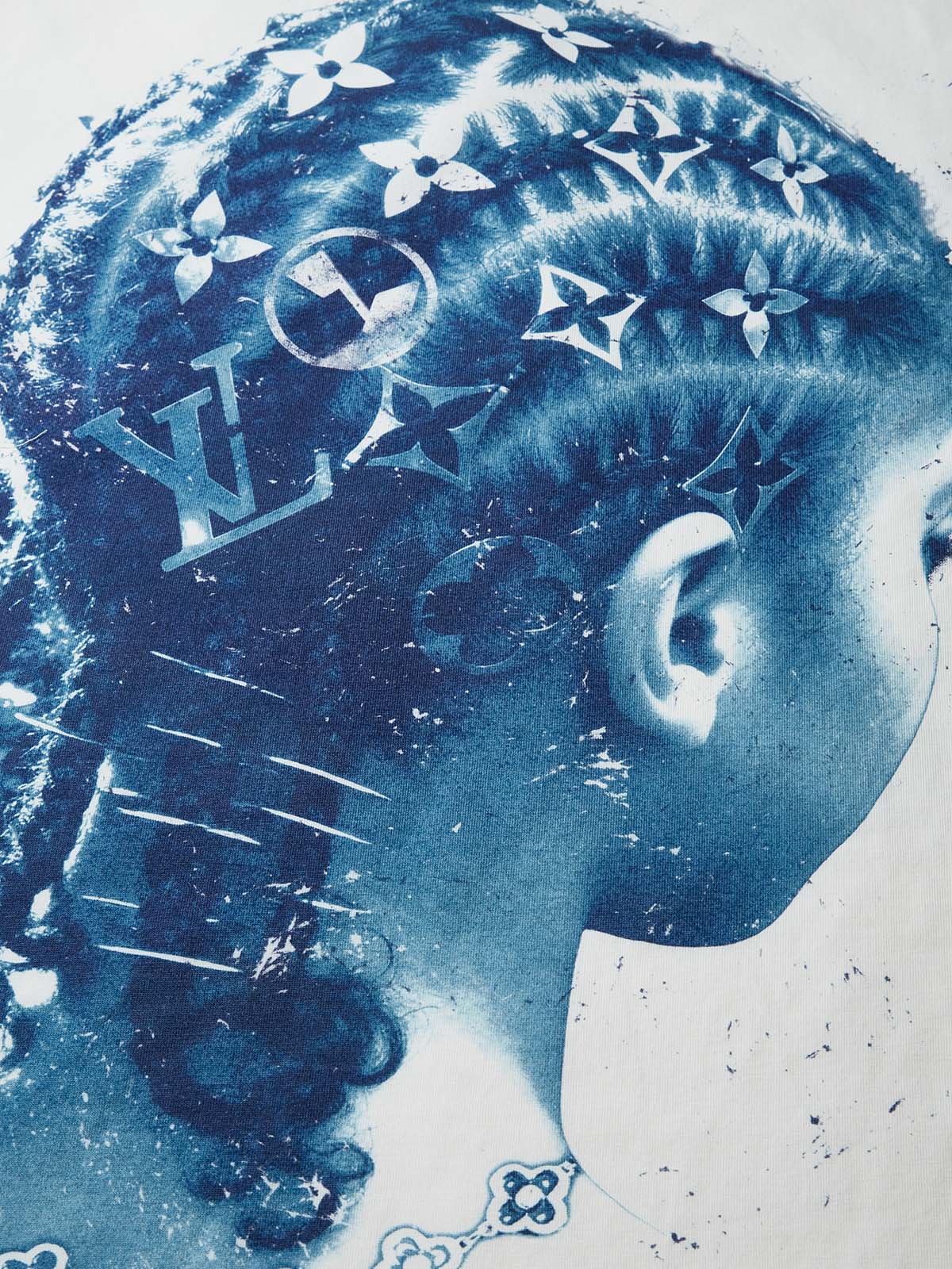 Blue Sun Print Retro Girl Braids Art Print Boxy Oversized T-shirt