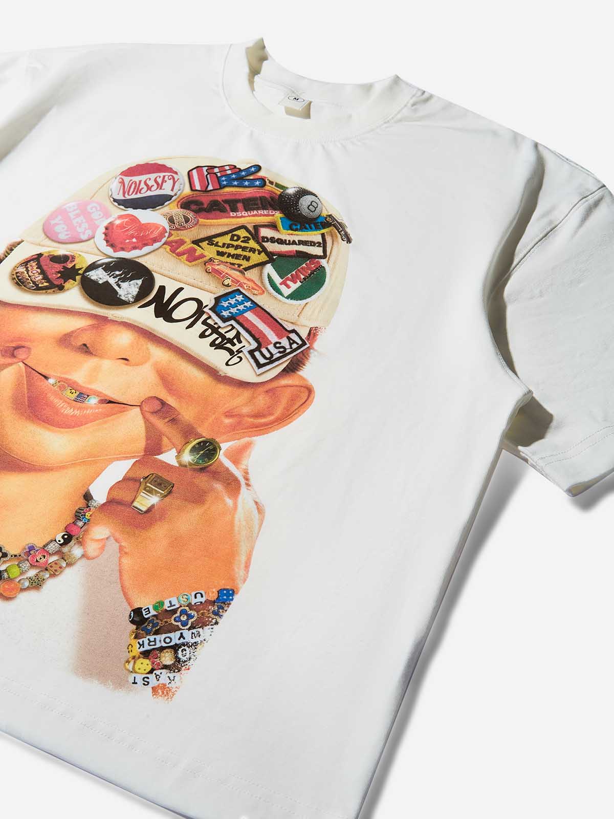 Bad Boy and His Badge Cap Print Boxy Oversized T-shirt