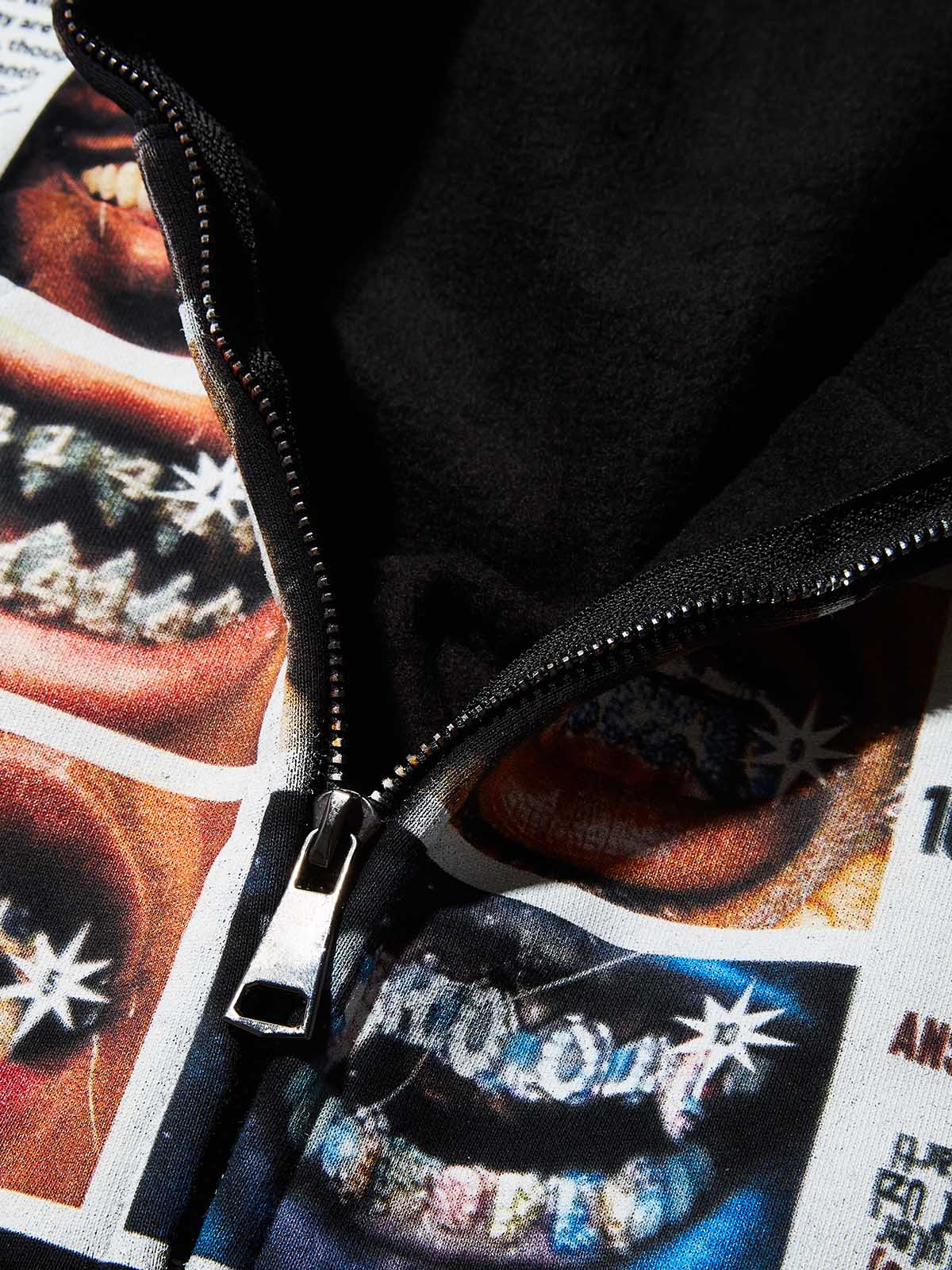 Magazine-style Black Print Boxy Hoodie