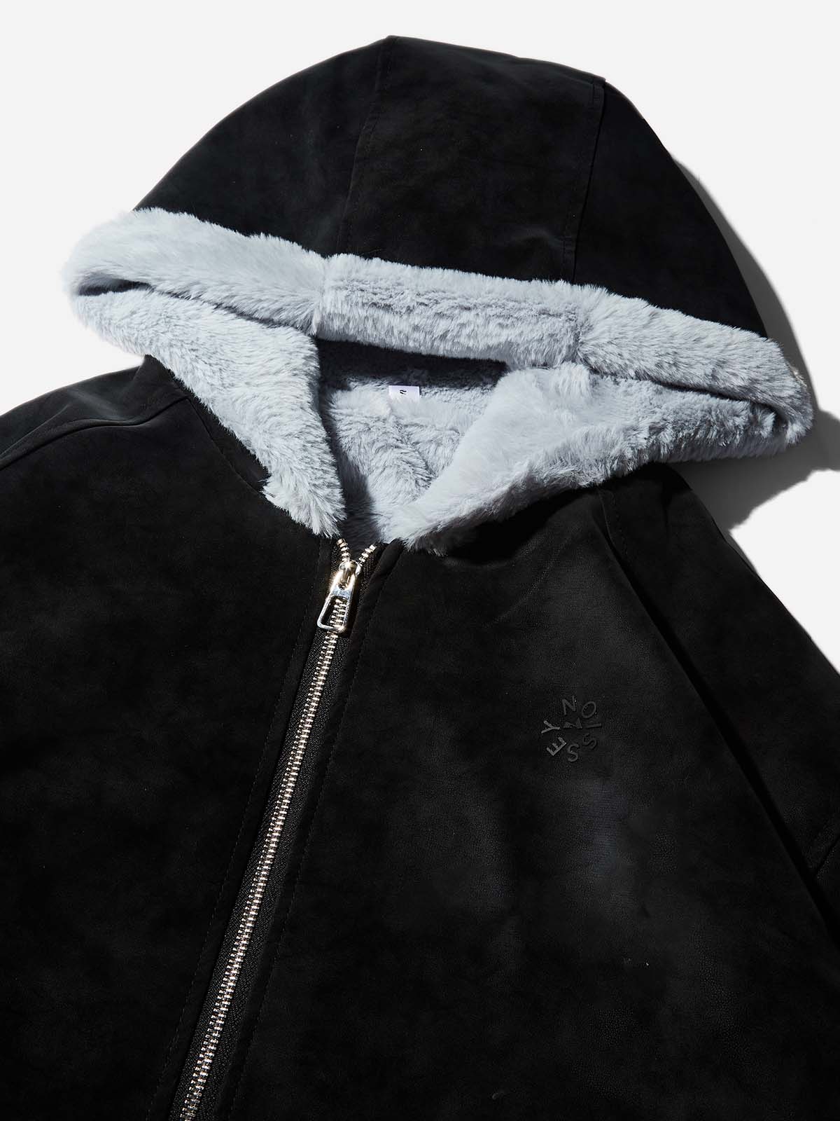 Fleece-lined Thickened Leather Coat with Fur Collar