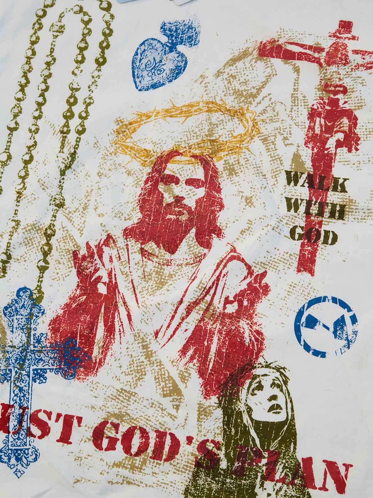 White T-shirt with colorful "Trust God's plan" screen print