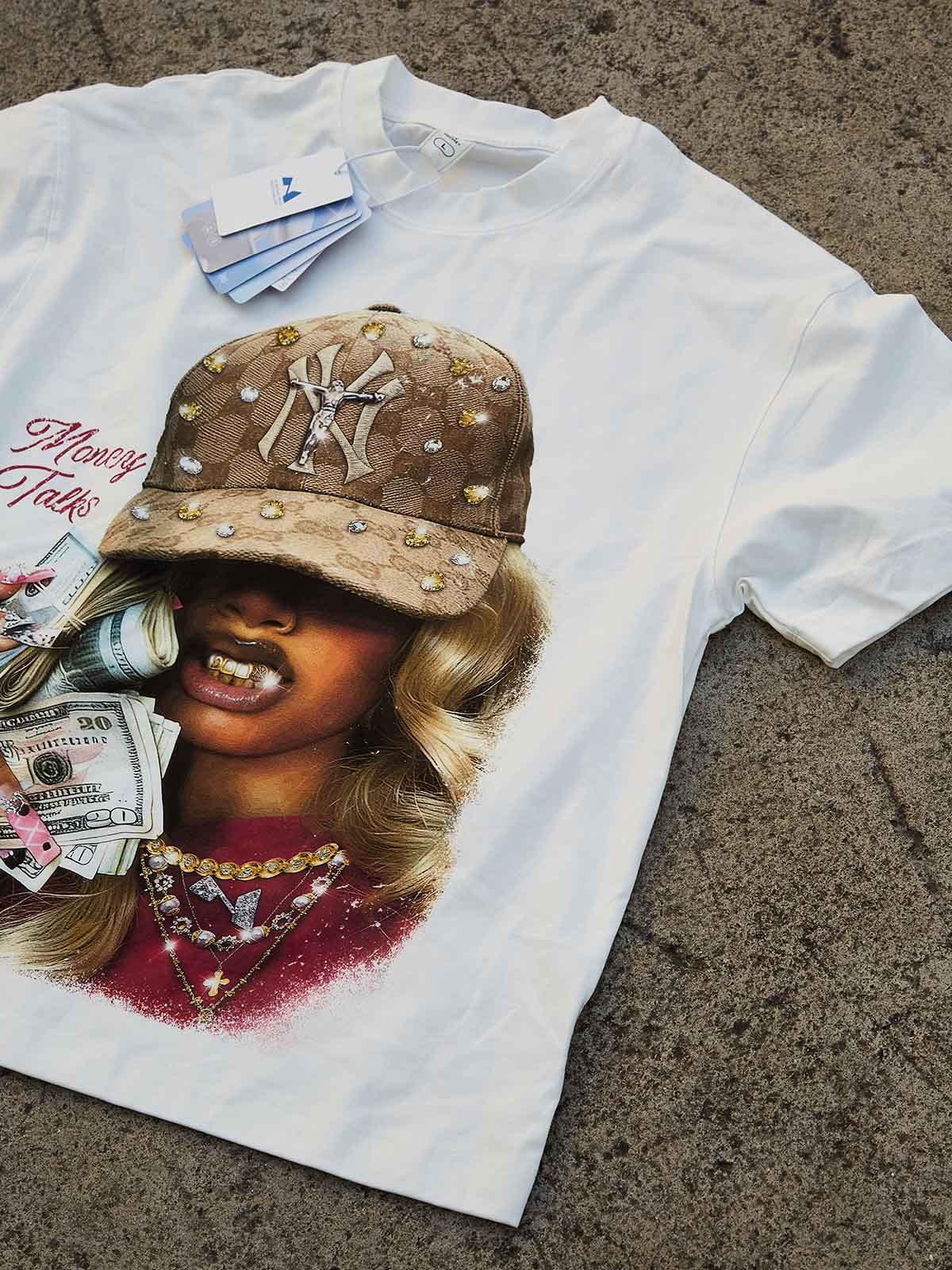Money Talks Girl's Face Print T-shirt