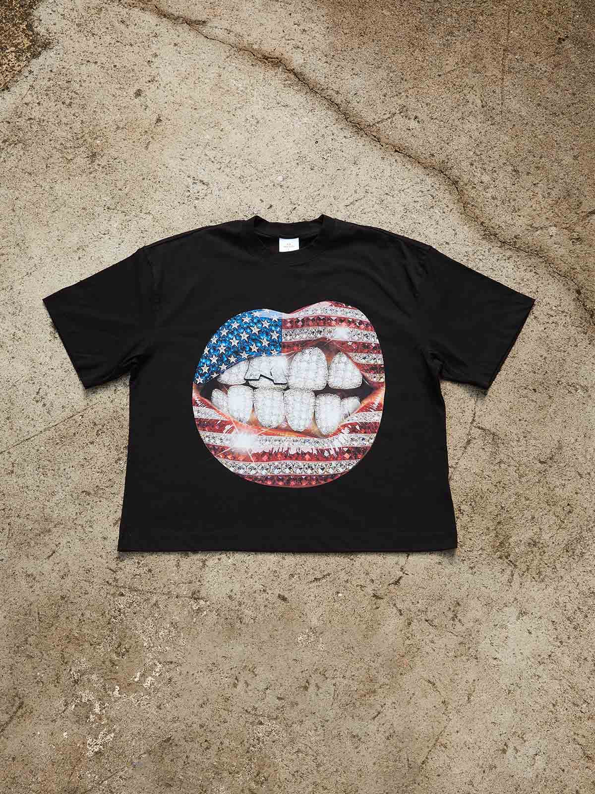 National Flag Rhinestone Art Grills Print Boxy Oversized T-shirt