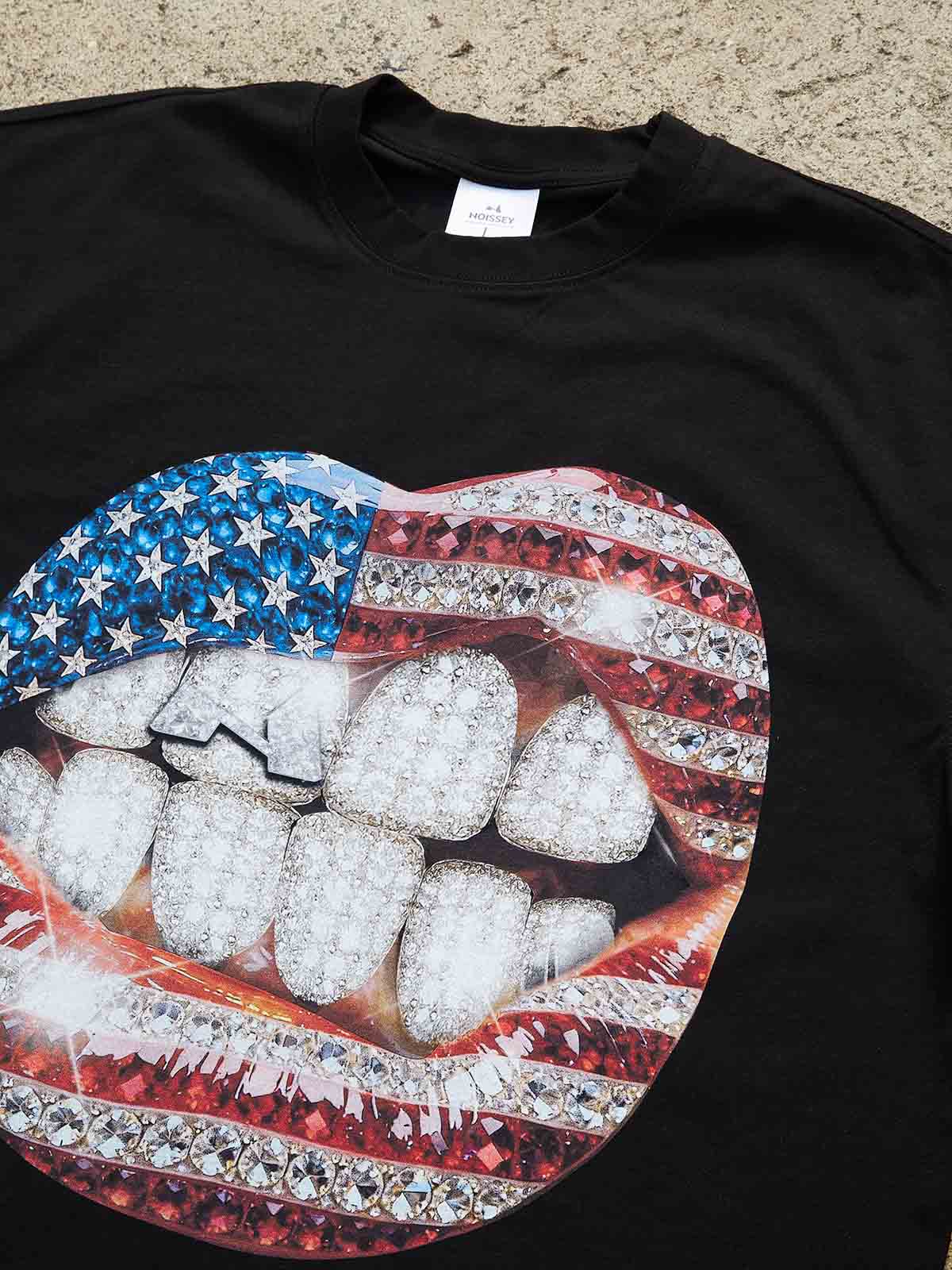 National Flag Rhinestone Art Grills Print Boxy Oversized T-shirt