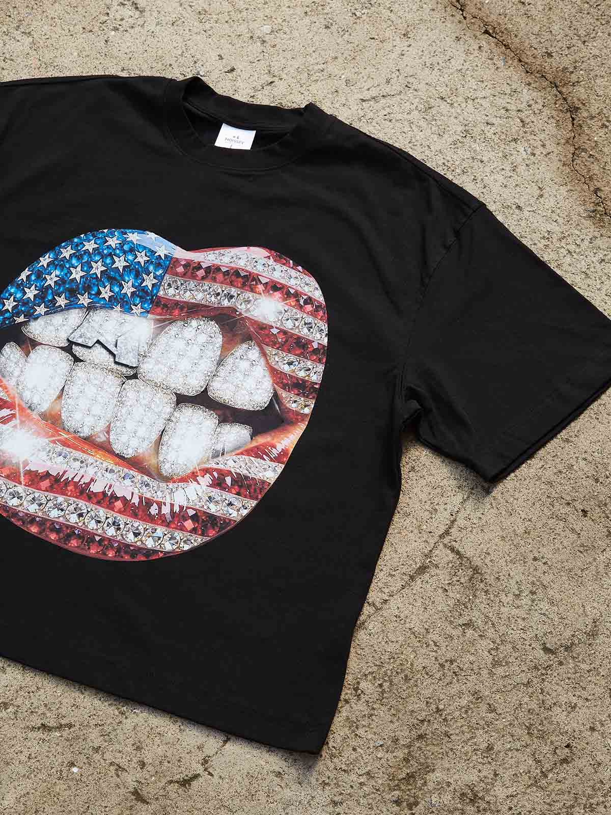 National Flag Rhinestone Art Grills Print Boxy Oversized T-shirt