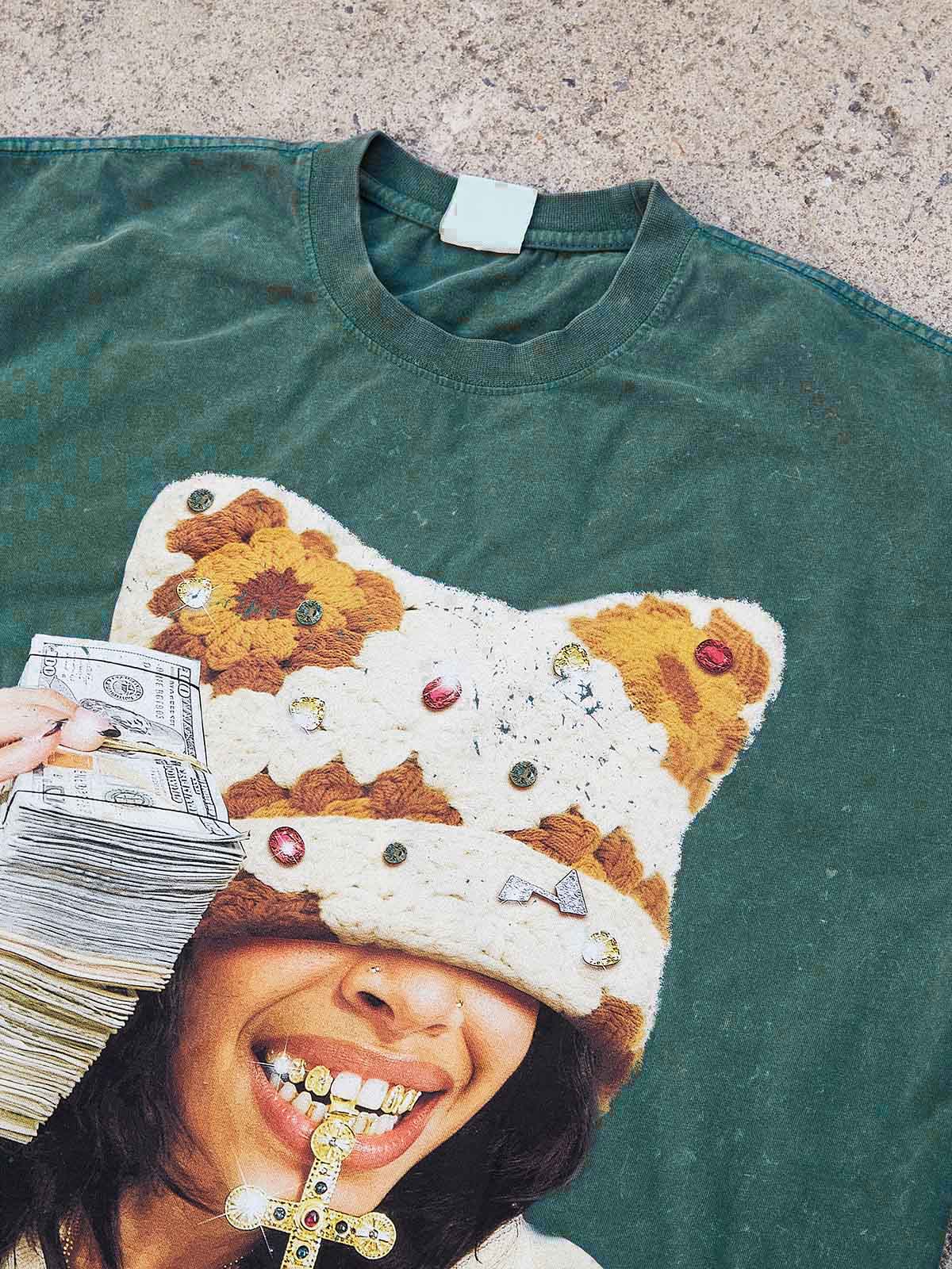 Colorful Diamond Brown Cat-Ear Cat & Street Girl Washed Print T-shirt