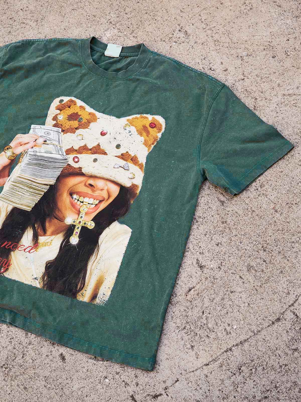 Colorful Diamond Brown Cat-Ear Cat & Street Girl Washed Print T-shirt