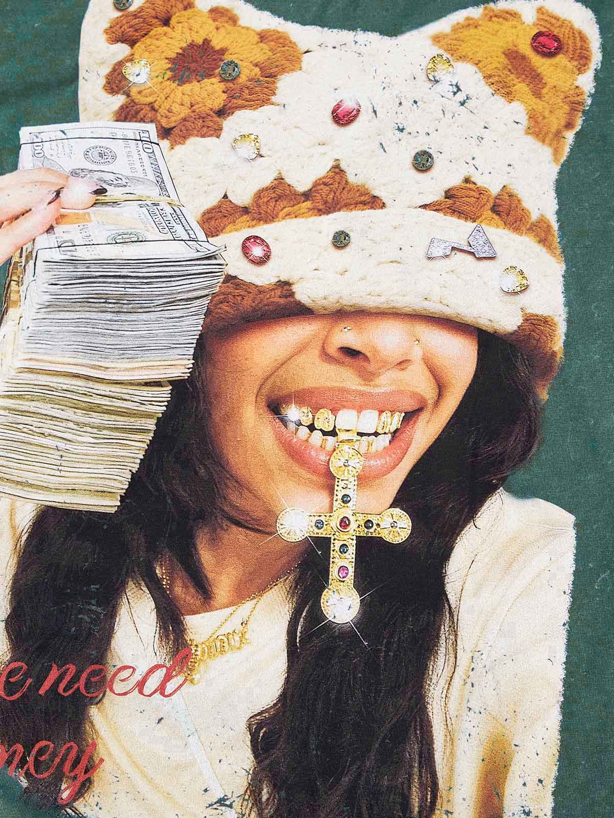 Colorful Diamond Brown Cat-Ear Cat & Street Girl Washed Print T-shirt