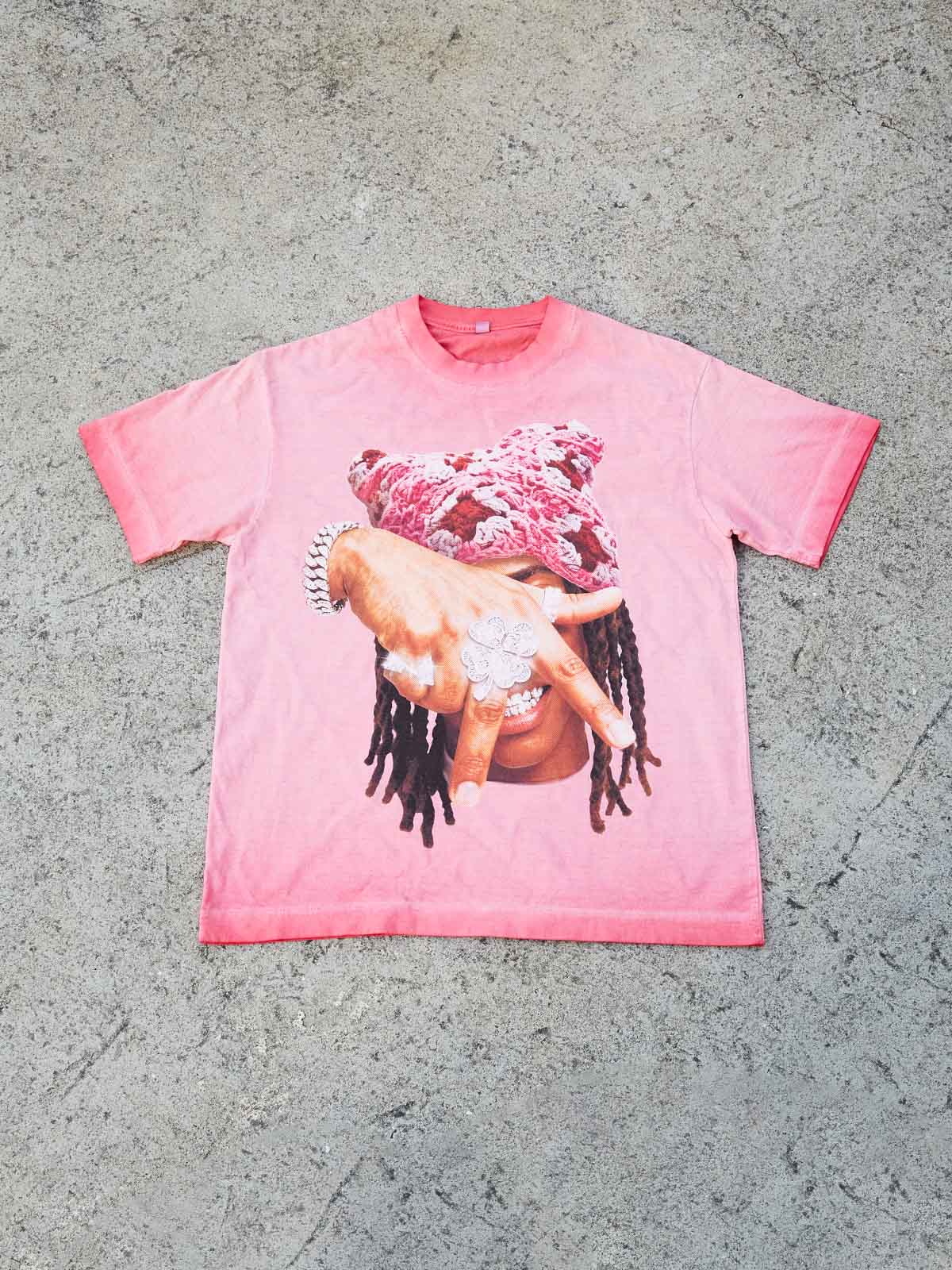 "Eternal Victory" Pink Cat-Ear Knit Hat Character Washed Print T-shirt